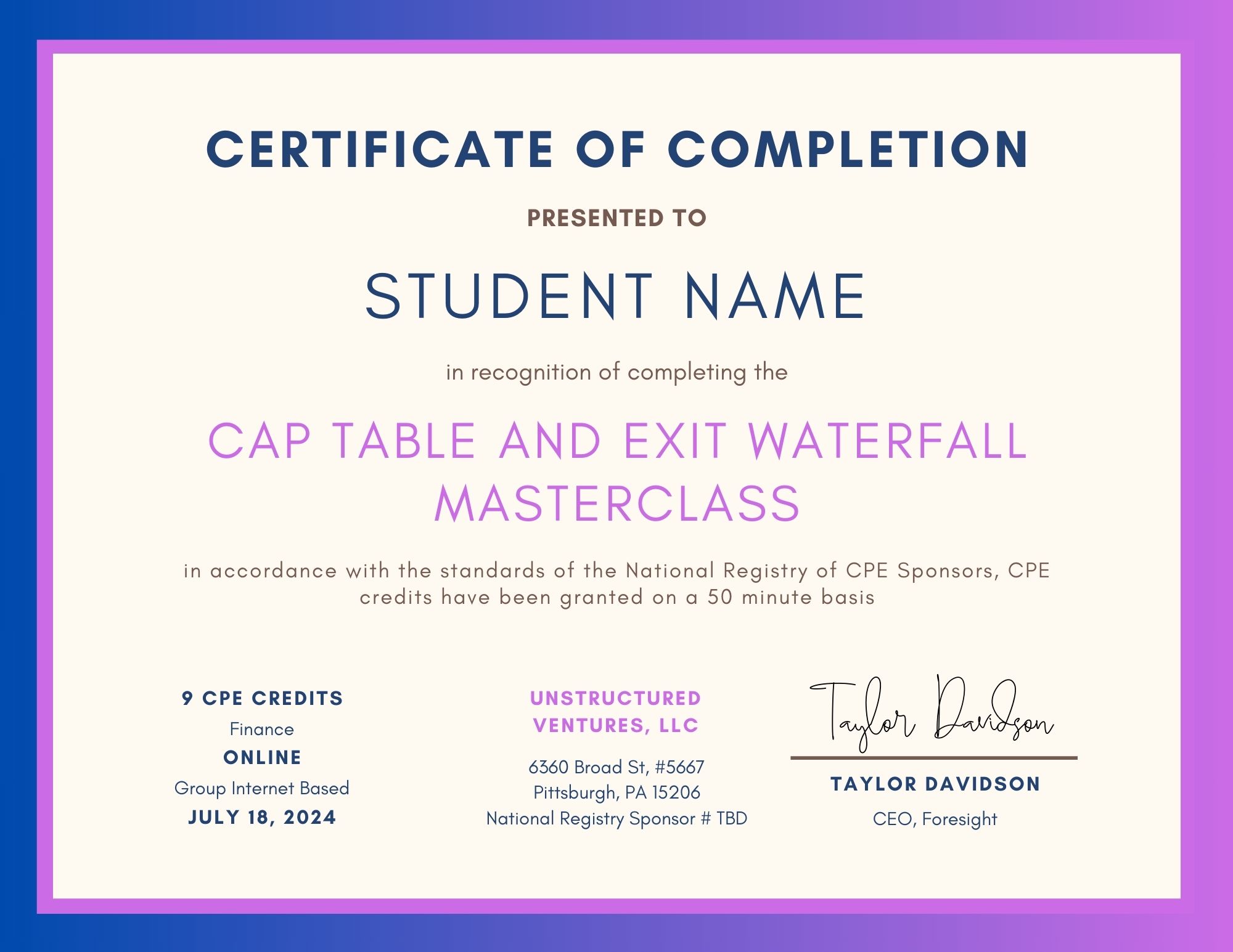Example certificate for continuing professional education certificate