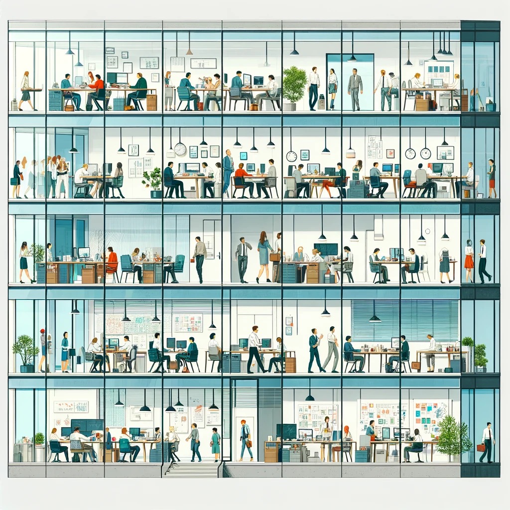 DALL·E, A multi-storied office building with large glass windows, each window depicting different office scenes, including workers at their desks, meetings in