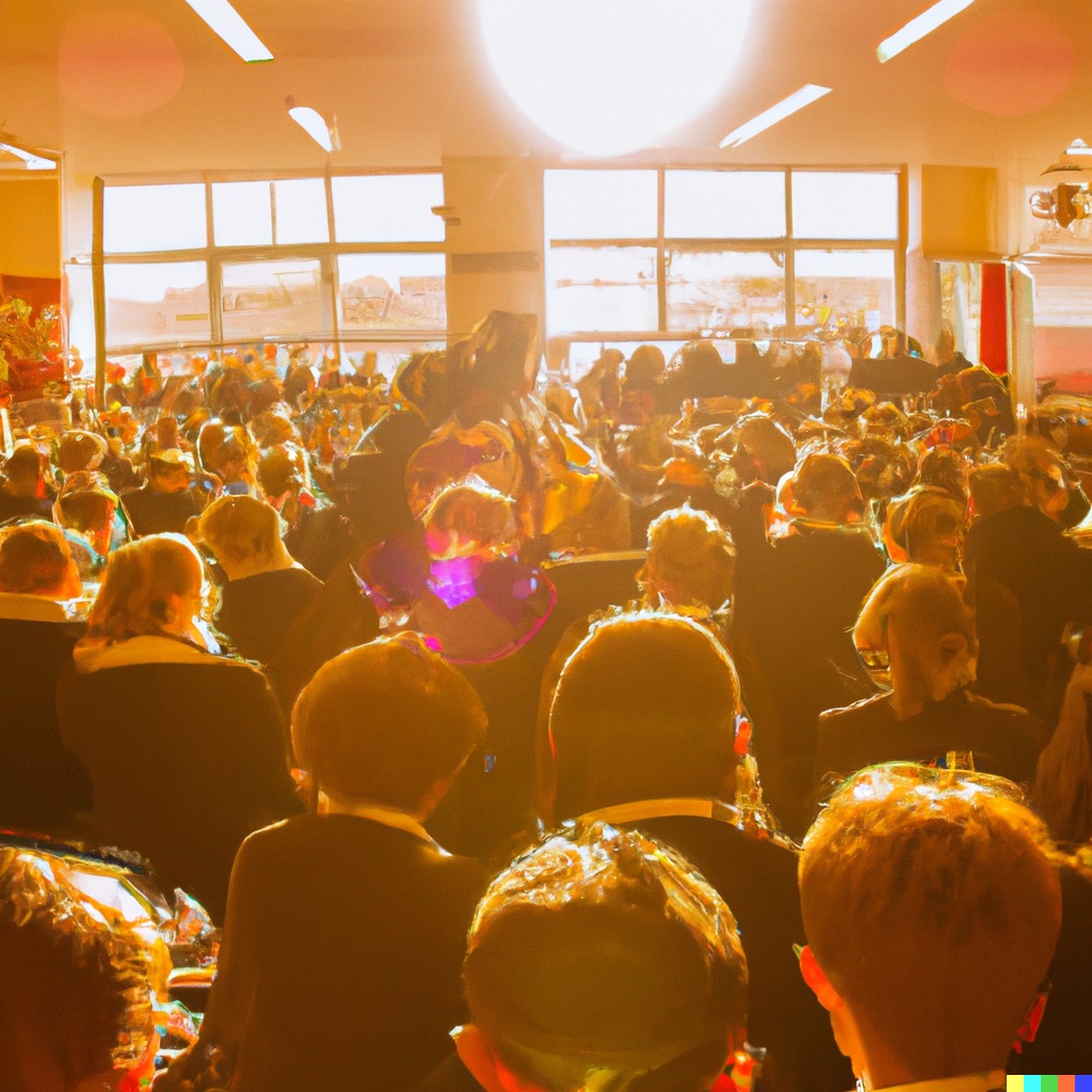photograph from a teacher's view looking out into a large sunlit classroom with a hundred students, by DALL-E 2